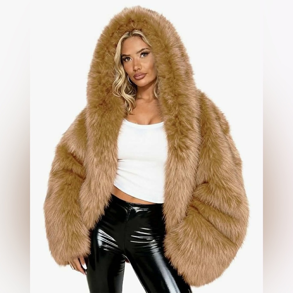 NWOT - Faux Fur Coat Women with Hood Casual Fluffy Furry Jackets Open Front